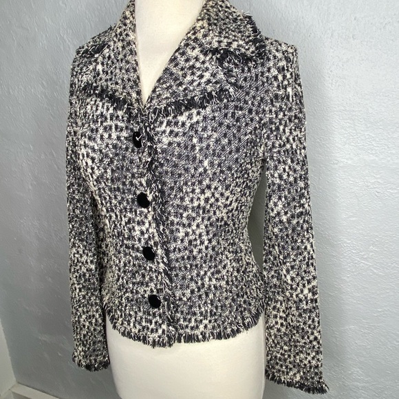ST. JOHN animal print black knit 4-button blazer with fringe detail - Picture 3 of 14